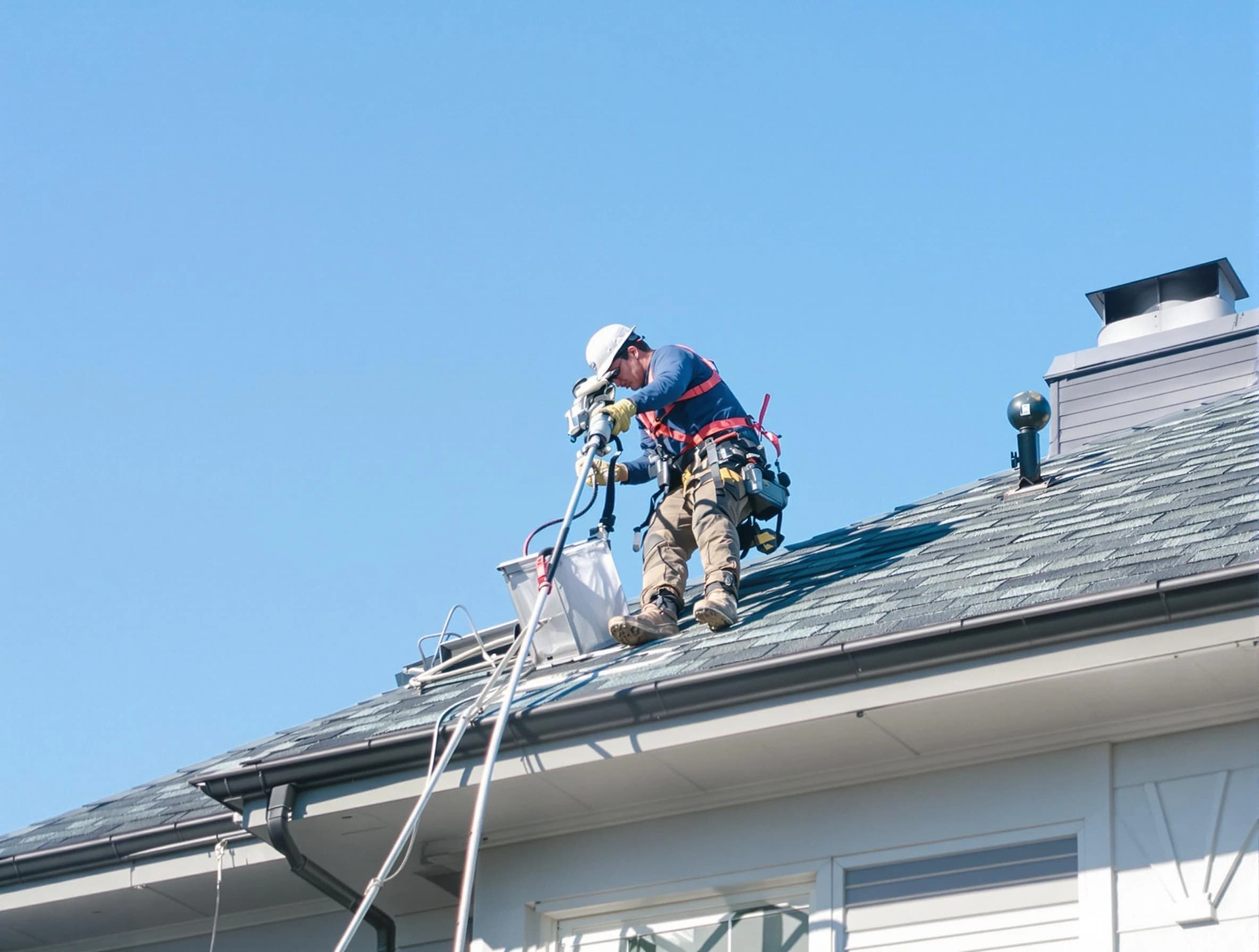 Natick Dryer Vent Cleaning certified technician cleaning a roof-mounted dryer vent system in Natick