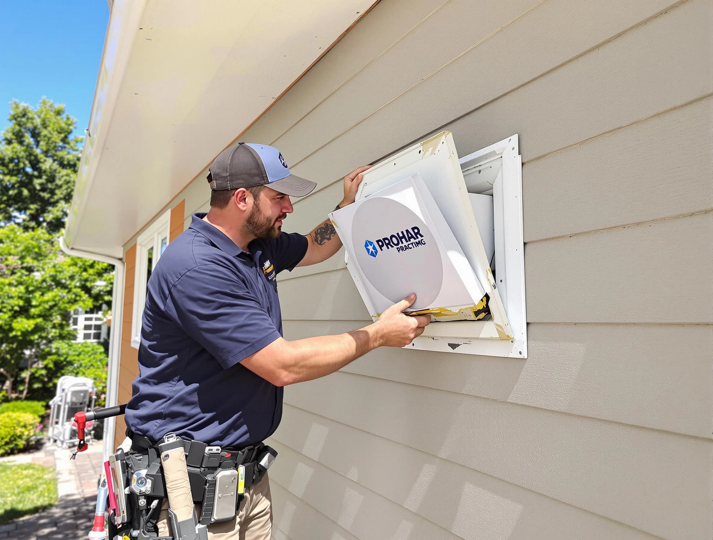 Natick Dryer Vent Cleaning technician installing a new protective dryer vent cover on a home in Natick