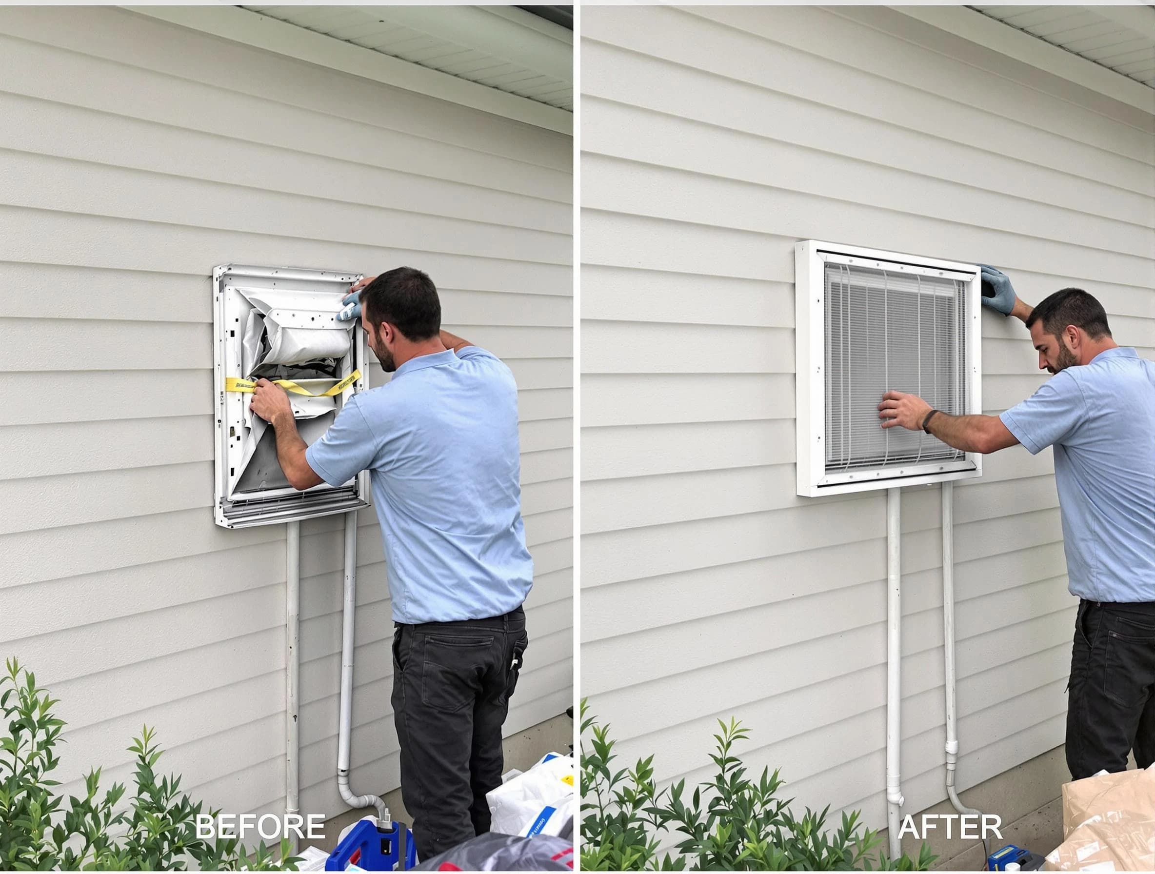 Natick Dryer Vent Cleaning technician installing high-quality dryer vent cover at a residential property in Natick