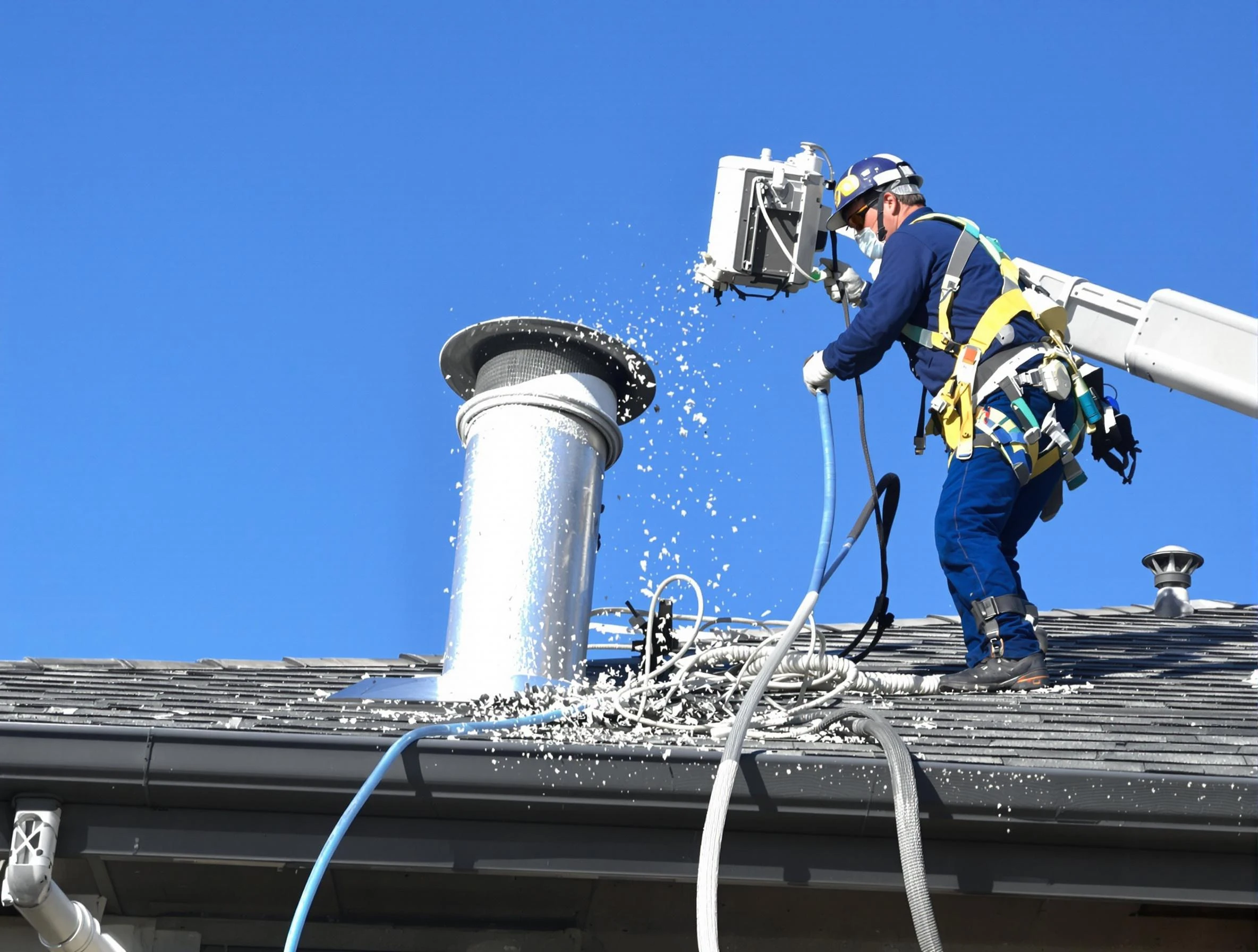 Natick Dryer Vent Cleaning certified technician safely cleaning a roof-mounted dryer vent in Natick